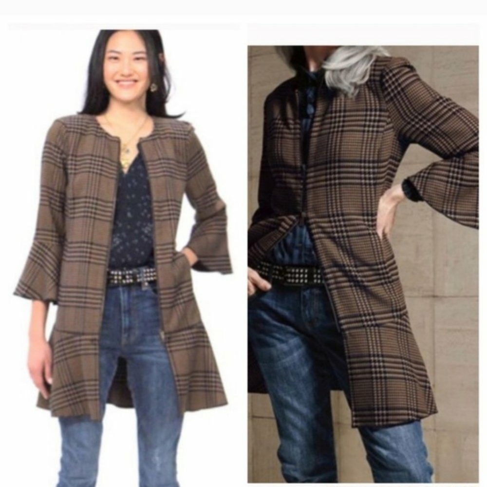 Cabi Flounce Jacket Tartan Style Plaid Long Length Brown And Black